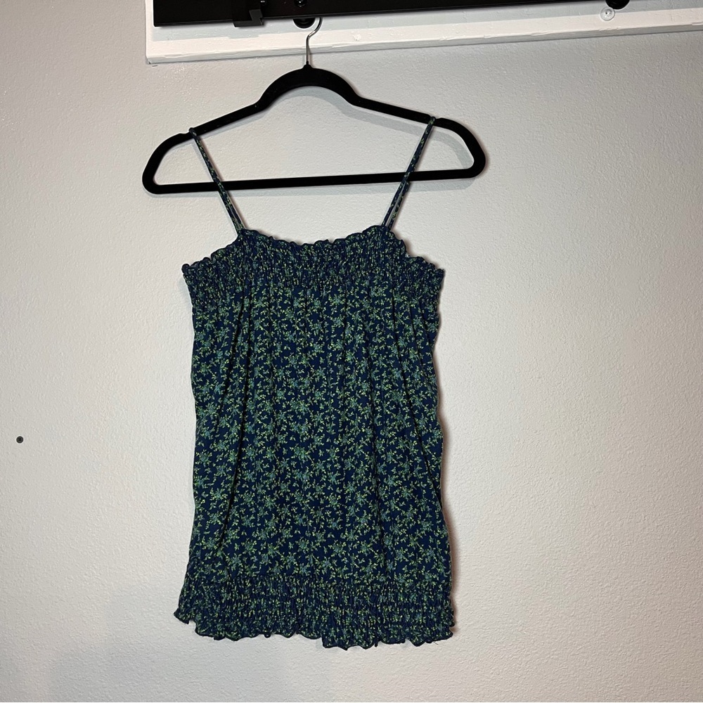 Charlotte Russe Y2K Smocked Tank Top Size Large Blue Navy Green Dainty Floral